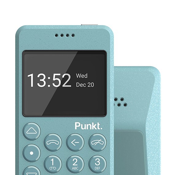 Punkt. MP02 4G minimalist phone in light blue, showing front view with small screen