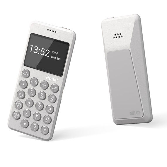 Front and back view of the Punkt. MP02 4G minimalist phone in light grey, featuring a physical keypad, small display, and a smooth, ergonomic rear design
