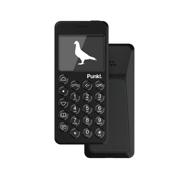 Front view of the Punkt. MP02 4G minimalist phone in black, displaying the pigeon logo on the screen above the physical keypad