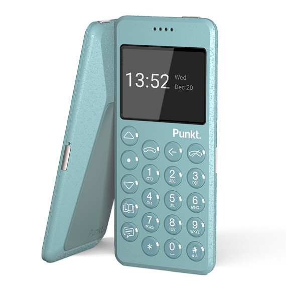 other side and other front view of the Punkt. MP02 4G minimalist phone in light blue, highlighting its compact design, physical keypad, and sleek profile