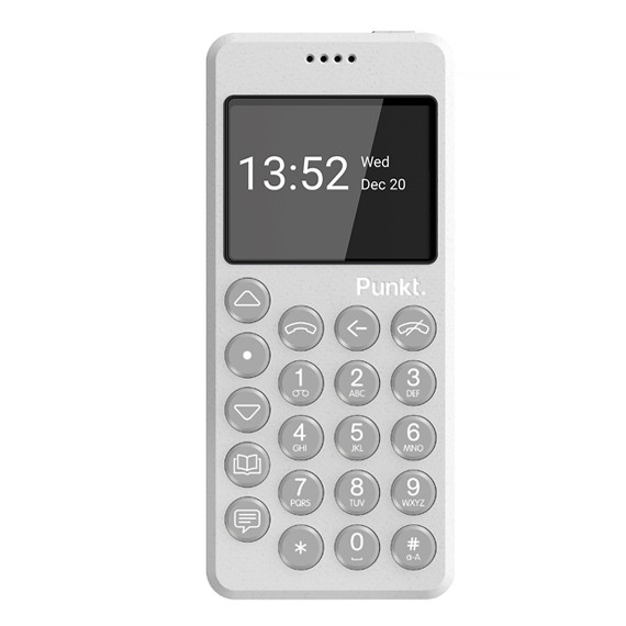 Punkt. MP02 4G minimalist phone in light grey with a compact, rectangular design, physical keypad, and small screen displaying the time and date.