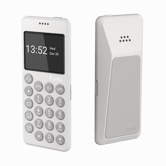 Front and back view of the Punkt. MP02 4G minimalist phone in light grey, featuring a physical keypad, small display, and compact, ergonomic design