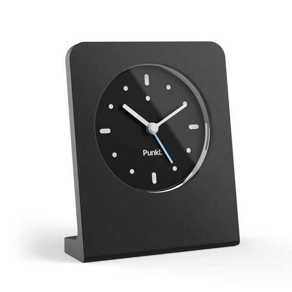 Punkt. AC02 alarm clock black with blue clock hand showing the time 