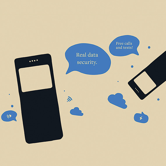 mp02 phone black on a yellow background with blue clouds and chat bubbles with text showing that Pigeon is private